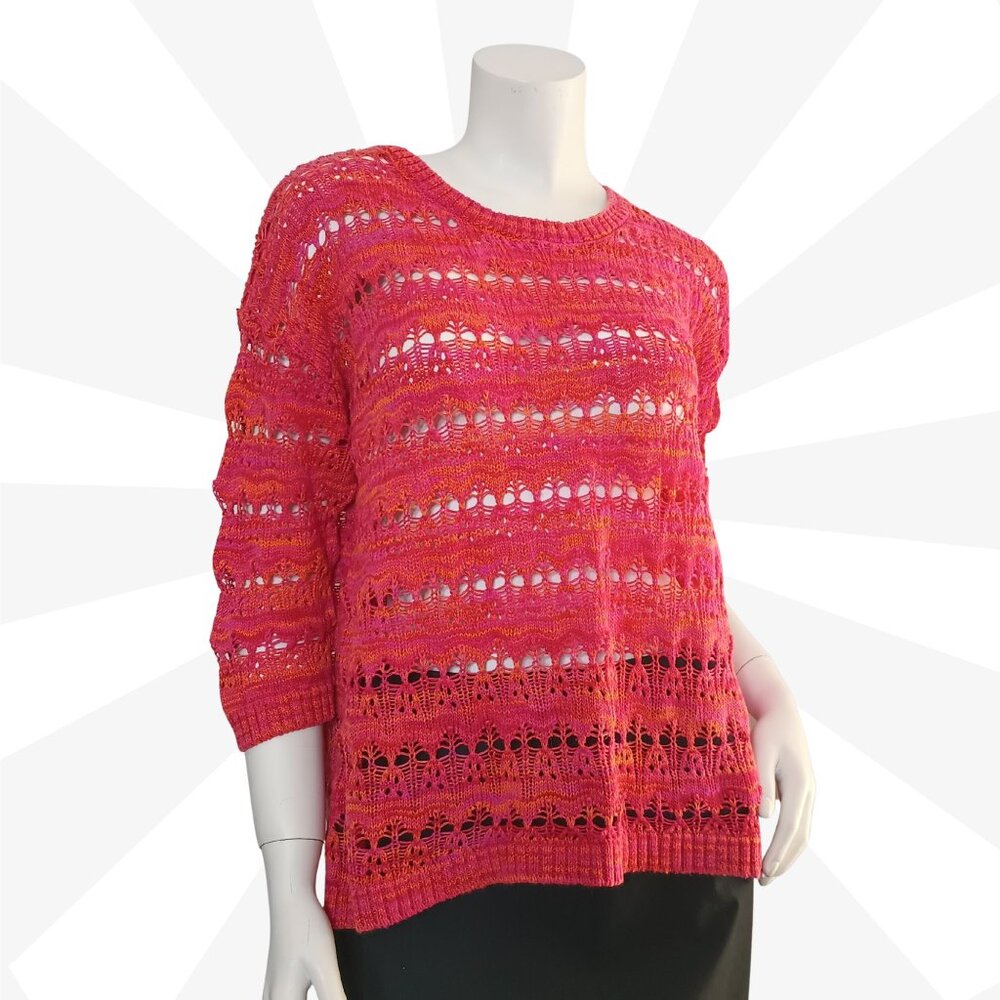Kensie Orange Sweater Size S Crew Neck 3/4 Sleeve Cotton Oversized Pullover